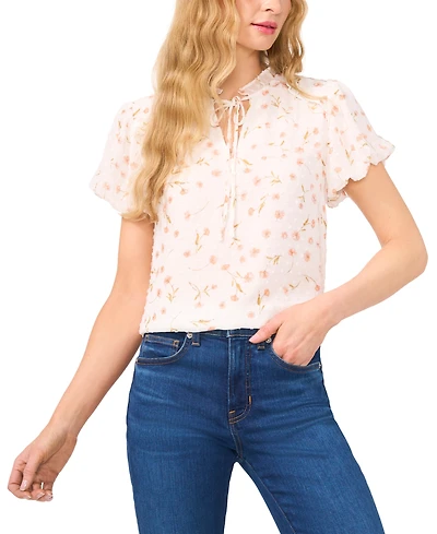 CeCe Women's Printed Ruffle-Trimmed Puff-Sleeve Blouse