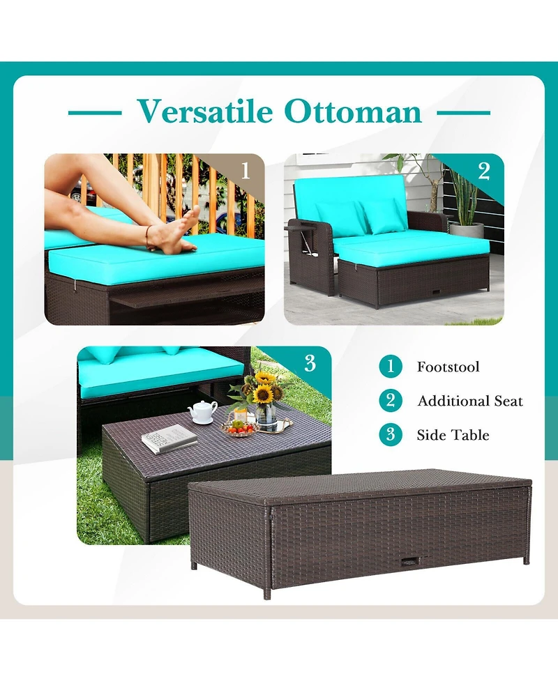 Patio Rattan Daybed with 4-Level Adjustable Backrest and Retractable Side Tray