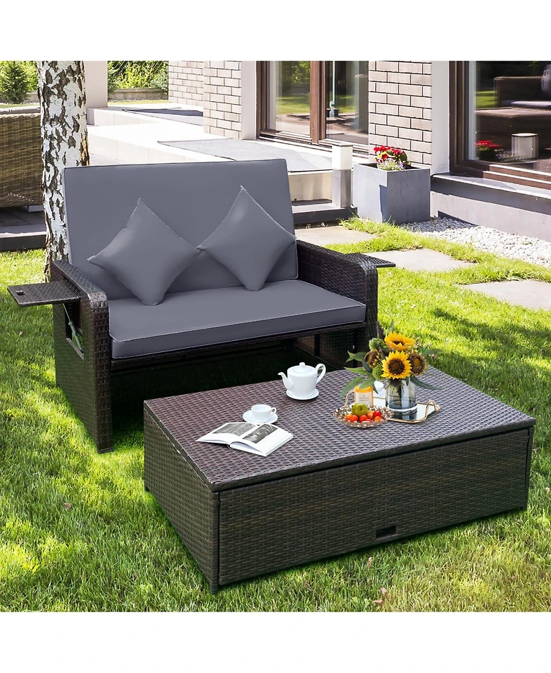Patio Rattan Daybed with 4-Level Adjustable Backrest and Retractable Side Tray