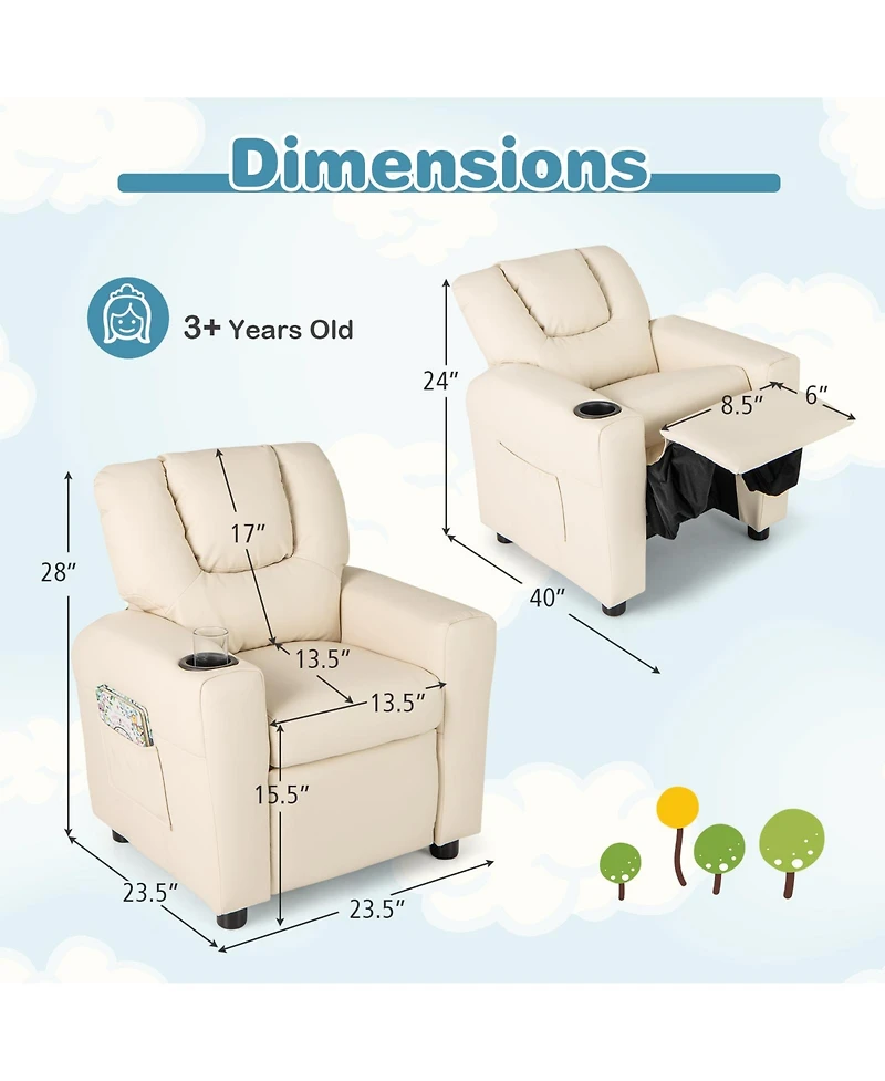 Kids Recliner Chair Push Back with Cup Holder and Side Pocket Comfortable Toddler Recliner for Relaxing
