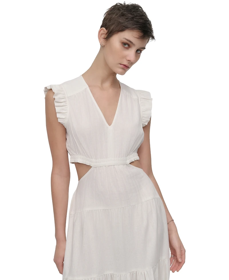 Dkny Jeans Women's Linen-Blend Tiered V-Neck Cutout Dress