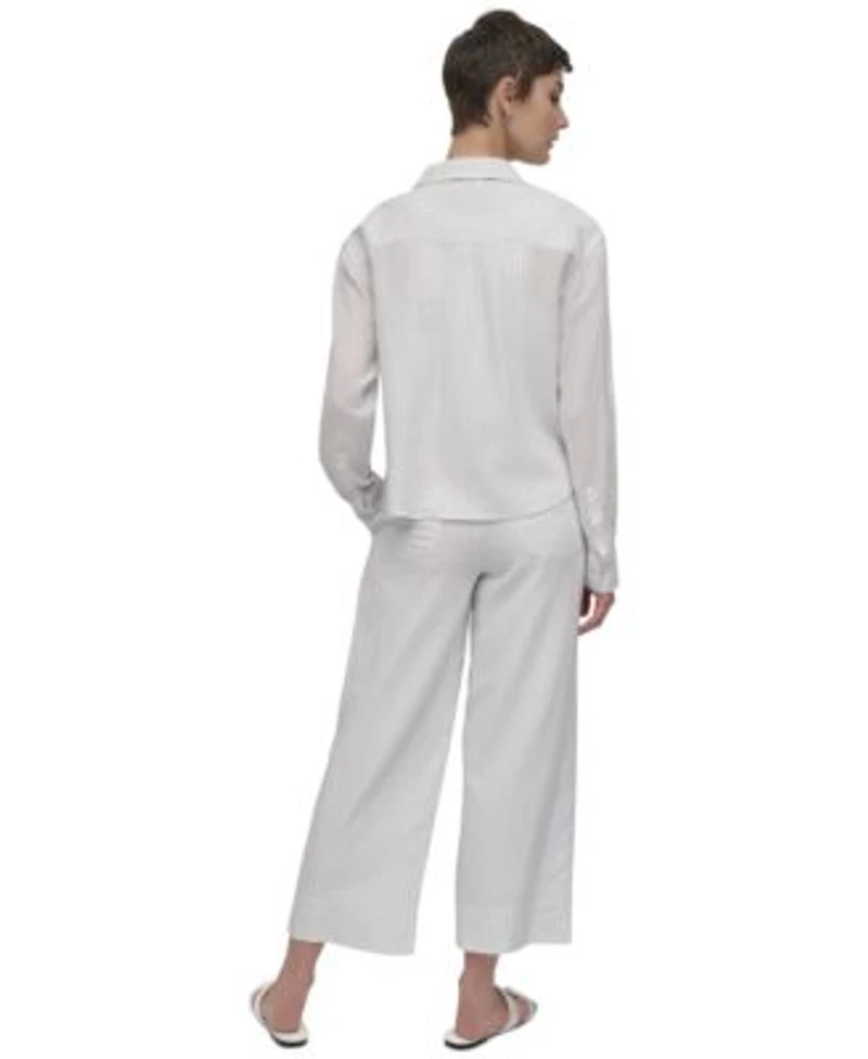 Dkny Jeans Womens Linen Blend Cropped Long Sleeve Shirt Cropped Wide Legpants