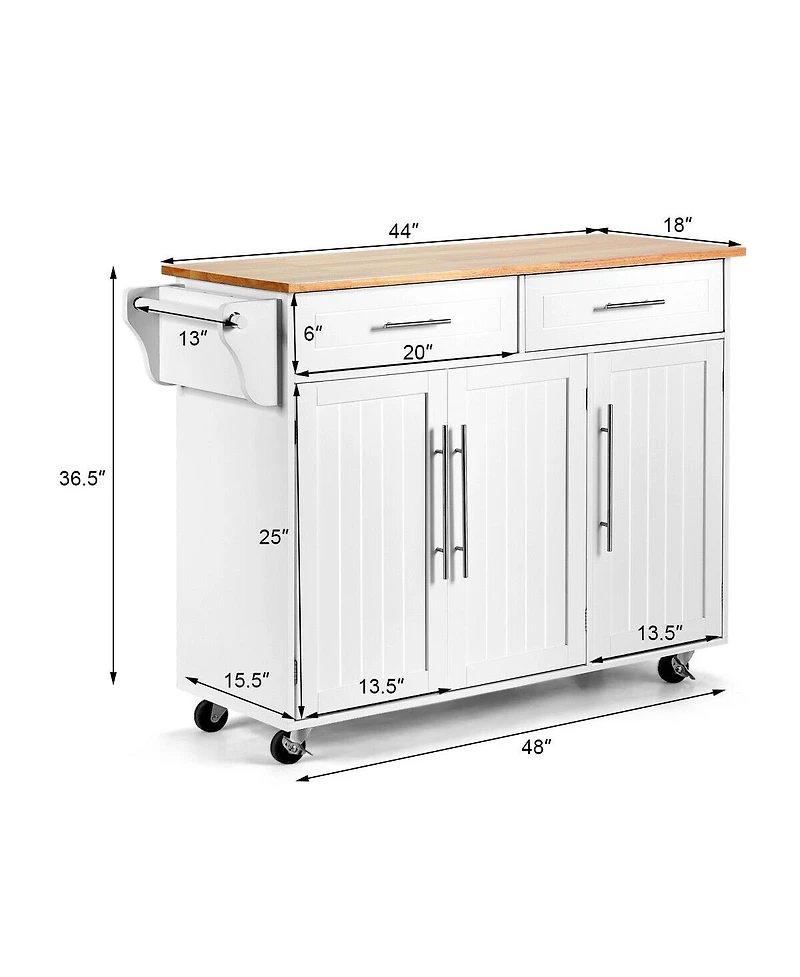Rolling Kitchen Trolley Cart with Wood Countertop and Storage Cabinet