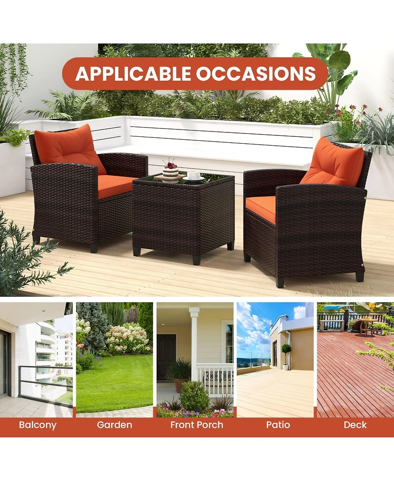3 Pieces Rattan Patio Furniture Set with Washable Cushion