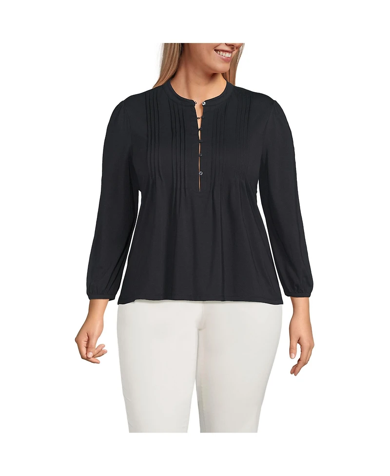 Lands' End Plus Lightweight Jersey Button Pintuck Top