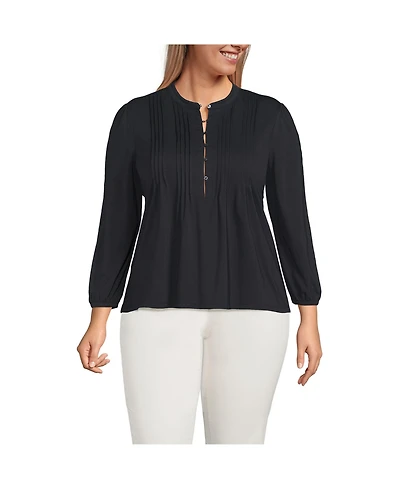Lands' End Plus Lightweight Jersey Button Pintuck Top