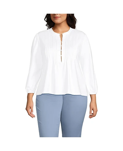 Lands' End Plus Lightweight Jersey Button Pintuck Top