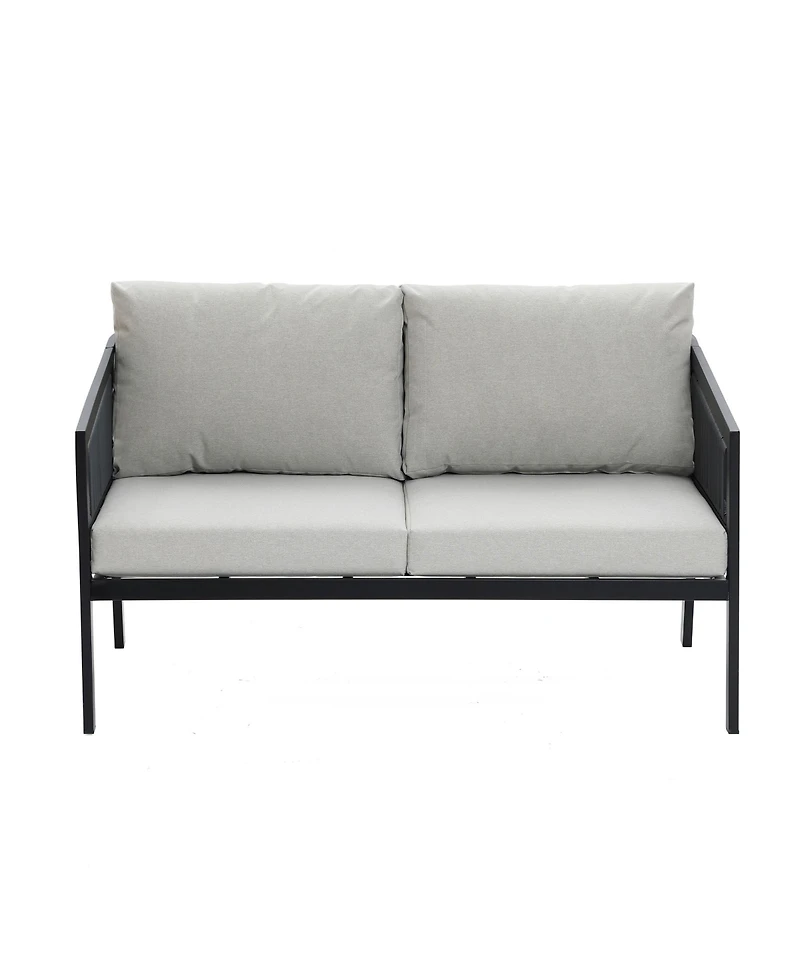LuxenHome Outdoor Black Steel with Pe Rope Loveseat with Cushions and Coffee Table Set