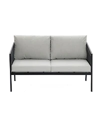 LuxenHome Outdoor Black Steel with Pe Rope Loveseat with Cushions and Coffee Table Set