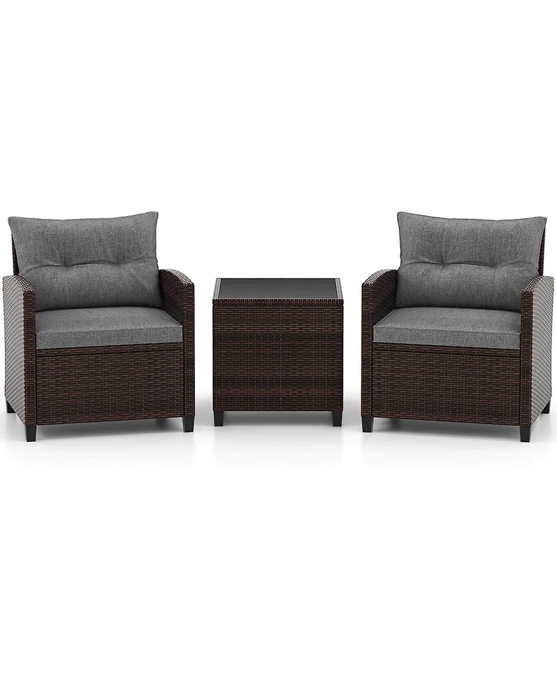 Gymax Set of 3 Rattan Furniture Patio Cushioned Conversation Sofa