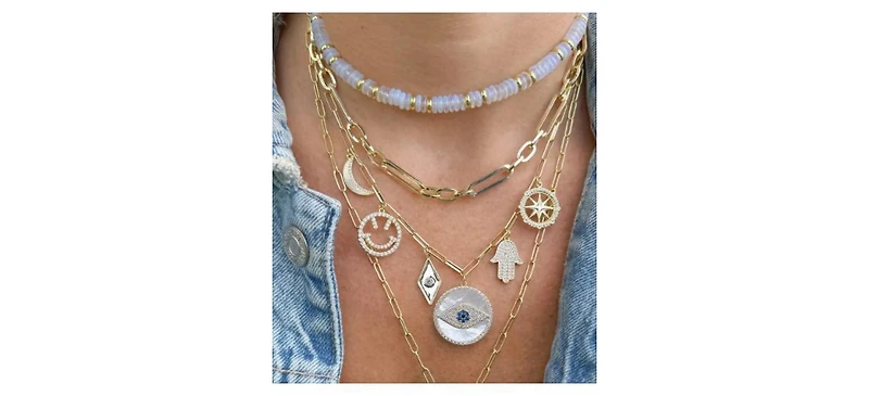 Symbols Necklace with Evil Eyes Hamsa Hands Smiley Face and North Star with Cubic Zirconia and Created Blue Sapphire