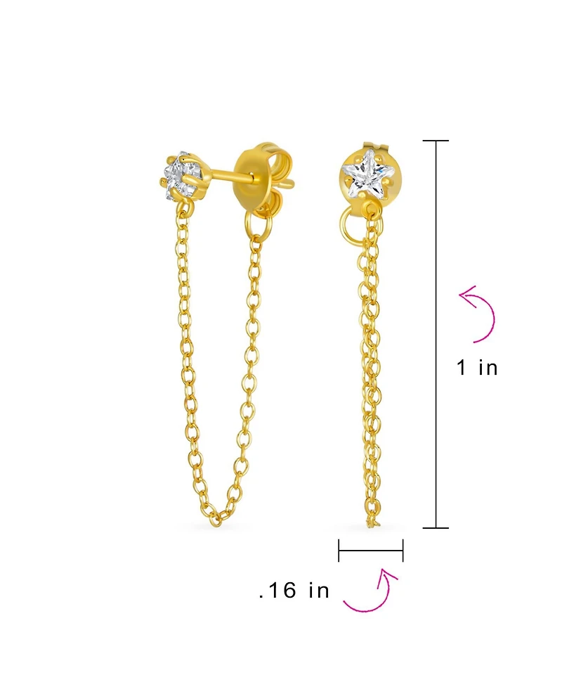 Bling Jewelry Minimalist 4MM Star Cz Stud Earrings with Delicate Chain in 14K Gold or Silver