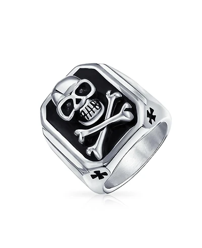 Bling Jewelry Stainless Steel Black Pirate Skull Crossbones Signet Ring Silver Tone