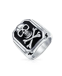 Bling Jewelry Stainless Steel Black Pirate Skull Crossbones Signet Ring Silver Tone