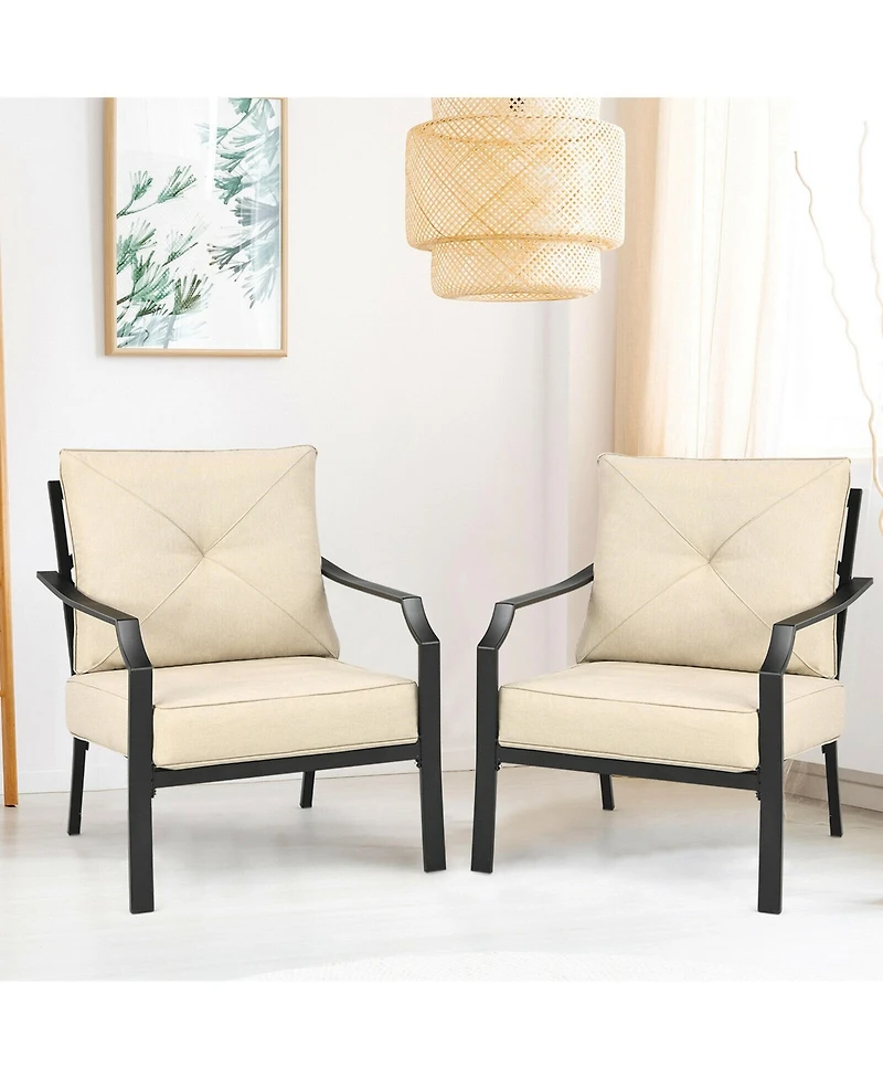 Gymax 2 Pcs Patio Dining Chairs Set with Padded Cushions Armrest Steel Frame