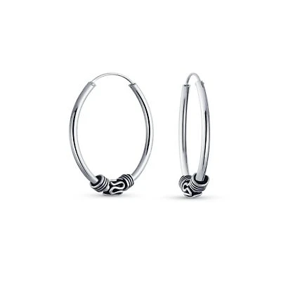 Bling Jewelry Bali Indigenous Swirl Hoop Huggie Earrings Oxidized Sterling Silver Multiple Sizes