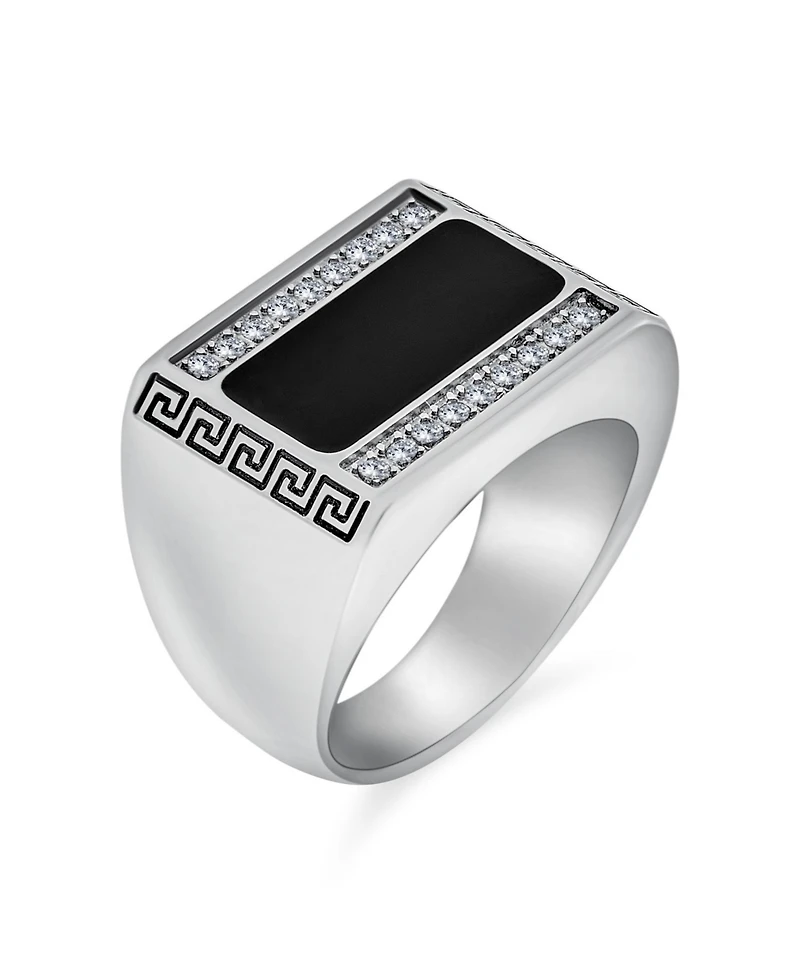 Bling Jewelry Stainless Steel Geometric Greek Cz Accent Black Rectangle Signet Ring Silver Tone