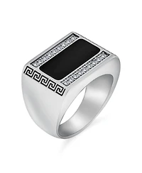 Bling Jewelry Stainless Steel Geometric Greek Cz Accent Black Rectangle Signet Ring Silver Tone