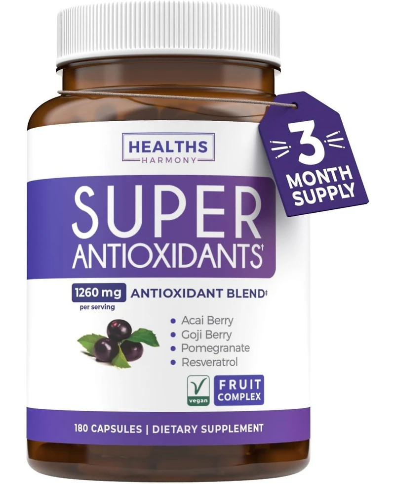 Super Antioxidants Supplement | Acai Berry, Goji, Pomegranate & Trans Resveratrol | Herbal & Fruit Formula for Overall Health, Health's Harmony | 180c