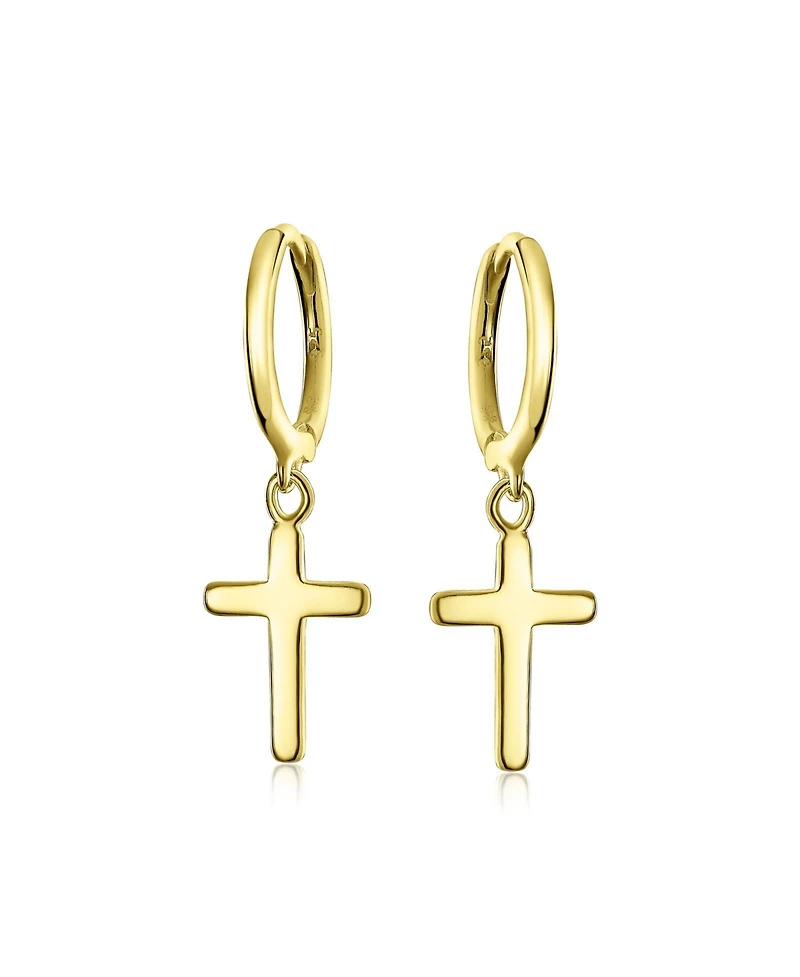 Bling Jewelry Small Religious Cross Dangle Earrings Rose Gold Plated Sterling Silver Huggie