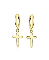 Bling Jewelry Small Religious Cross Dangle Earrings Rose Gold Plated Sterling Silver Huggie