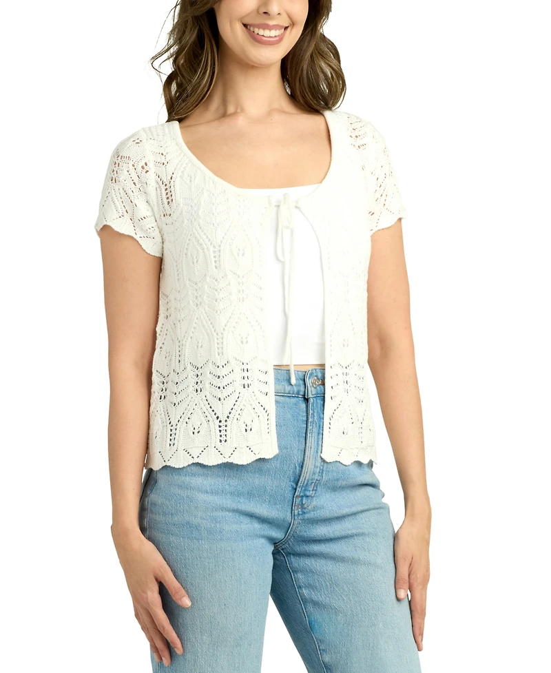 Bcx Juniors' Scalloped Pointelle Short-Sleeve Cardigan