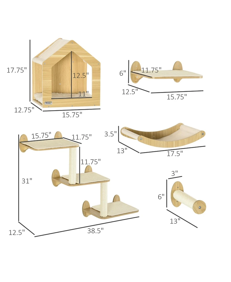 PawHut 10-Lvl Wood Cat Tree W/ Cat Shelves, Modern Wall-Mount Cat Tree