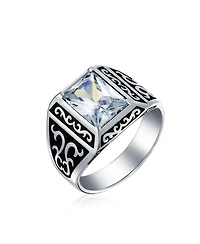 Bling Jewelry Stainless Steel Viking Scroll Ring with Emerald Cut Cubic Zirconia Two Tone Silver