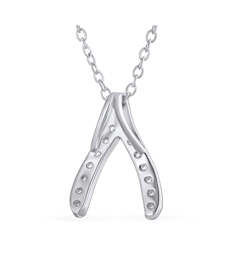 Bling Jewelry Pave Cz Good Luck Wishbone Pendant Necklace in Sterling Silver