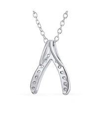 Bling Jewelry Pave Cz Good Luck Wishbone Pendant Necklace in Sterling Silver