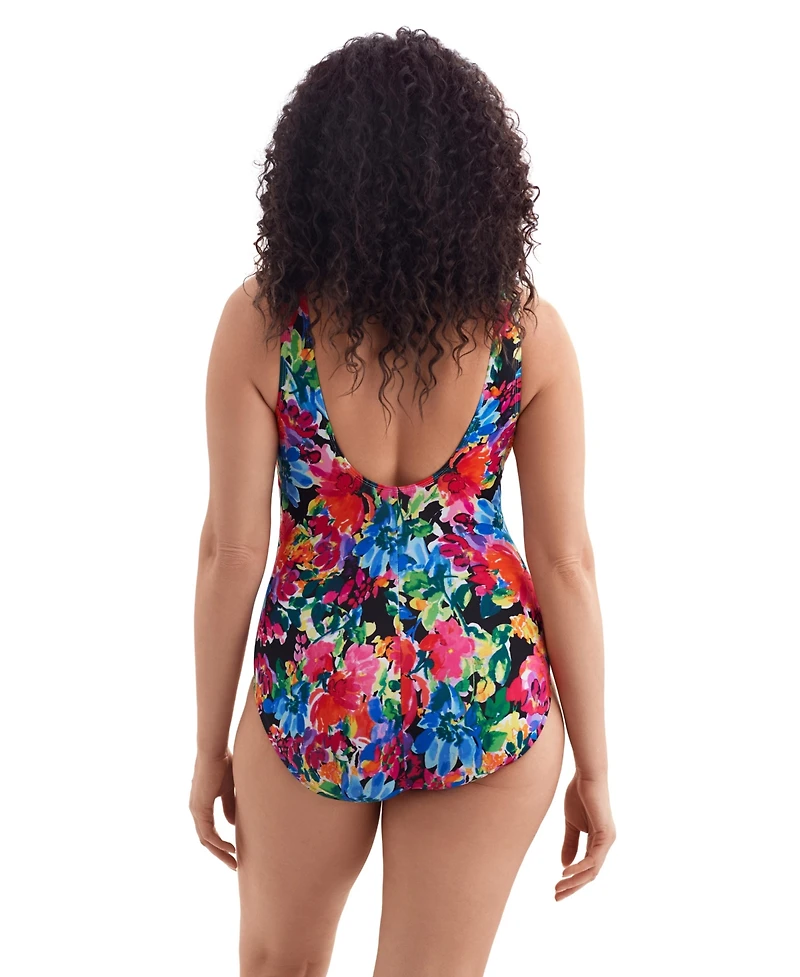 Longitude by Mimi Flamingo Women's Blooming Bouquet Twist Drape Tank One Piece Swimsuit