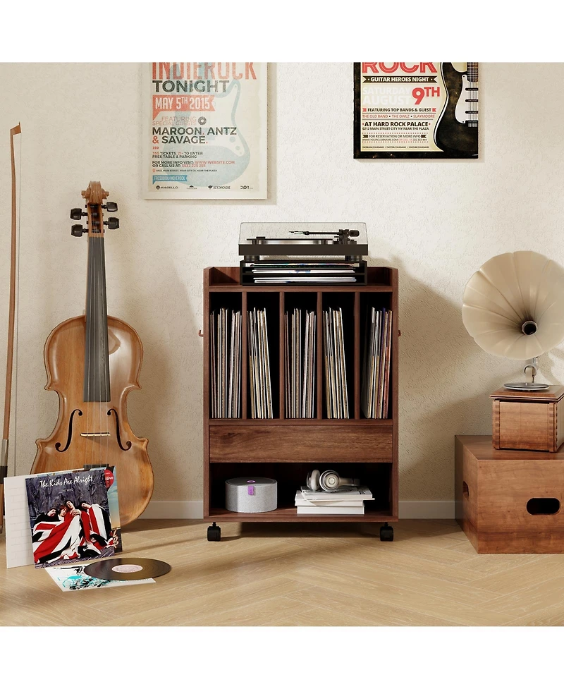 Rolling Turntable Stand with Drawer and Vinyl Storage for Living Room or Bedroom
