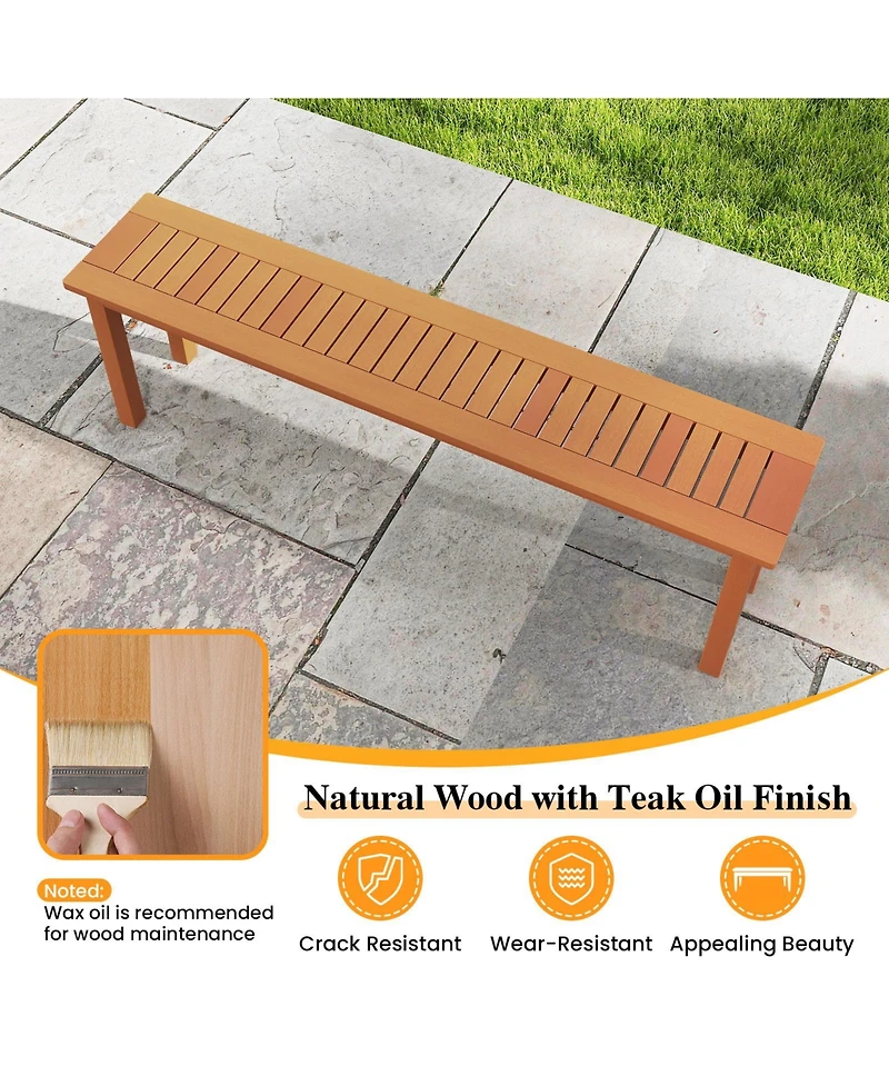 Outdoor Long Patio Dining Backless Wooden Bench with Teak Oil Finish