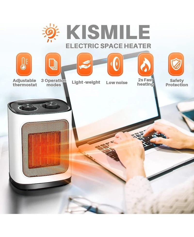 Kismile Portable Electric Space Heater, Small Ceramic Heater Fan with Thermostat, Tip-Over and Overheat Protection,Fast Heating for Home/Office,1500W