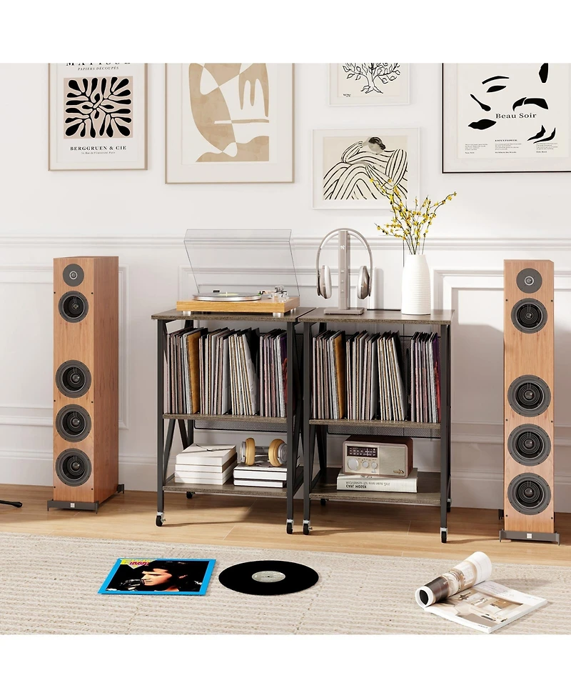 Mid-Century Record Player Stand with Built-in Charging Station
