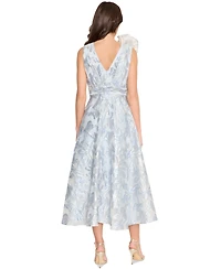 Tahari Women's V-Neck Ruffled Sleeveless Midi Dress
