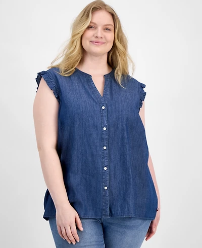 Tommy Hilfiger Plus Chambray Ruffle-Cuff Shirt
