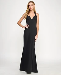 Seni & Cade Juniors' Plunging Black Halter Gown