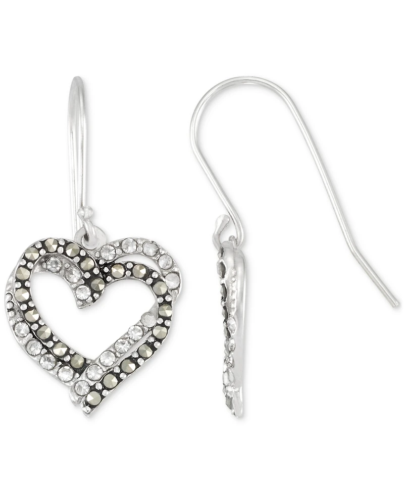 Crystal & Marcasite Interlocking Double Heart Drop Earrings in Sterling Silver