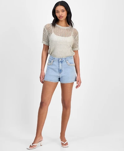 Bar Iii Women's Rhinestone-Pocket Denim Shorts, Exclusively at Macy's