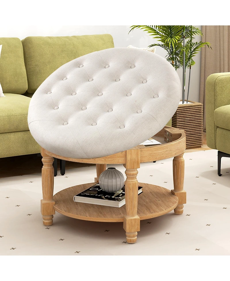 Large Round Ottoman Coffee Table 2-Tier Upholstered Tufted Footrest Ottoman with Flip-up Top