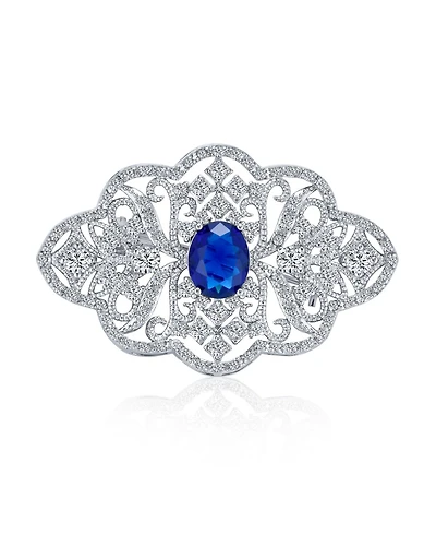 Bling Jewelry Big Royal Blue Cz Cubic Zirconia Brooch Pin Art Deco Style