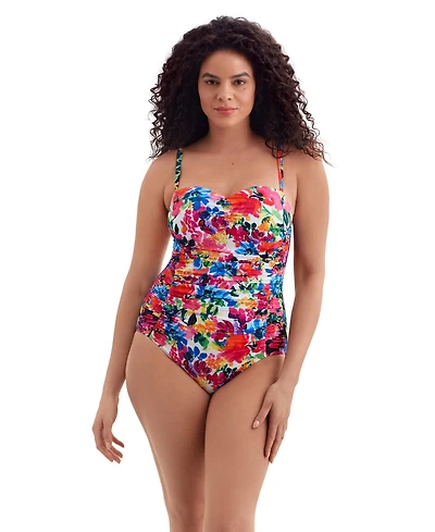 Longitude by Mimi Flamingo Women's Summer Waves Shirred Sweetheart Tank One Piece Swimsuit