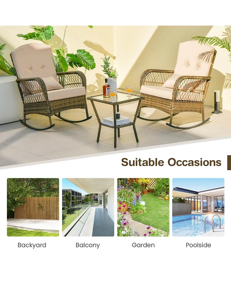 3 Pieces Outdoor Hand-Woven Pe Rattan Conversation Set with Tempered Glass Side Table