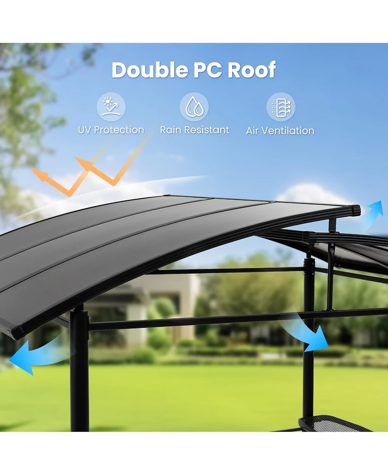 8×5FT Gray Arc Hardtop Grill Gazebo Canopy with 2-Tier Roof & Side Shelves, Waterproof Bbq Tent