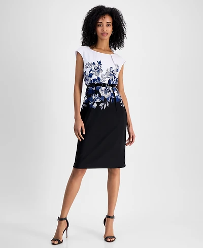 Connected Petite Jewel-Neck Printed Scuba Sheath Dress