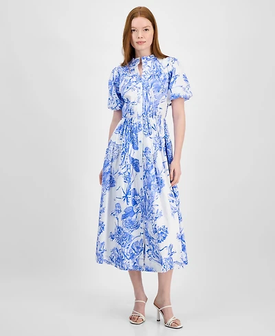 T Tahari Women's Puff-Sleeve Button-Front Midi Dress