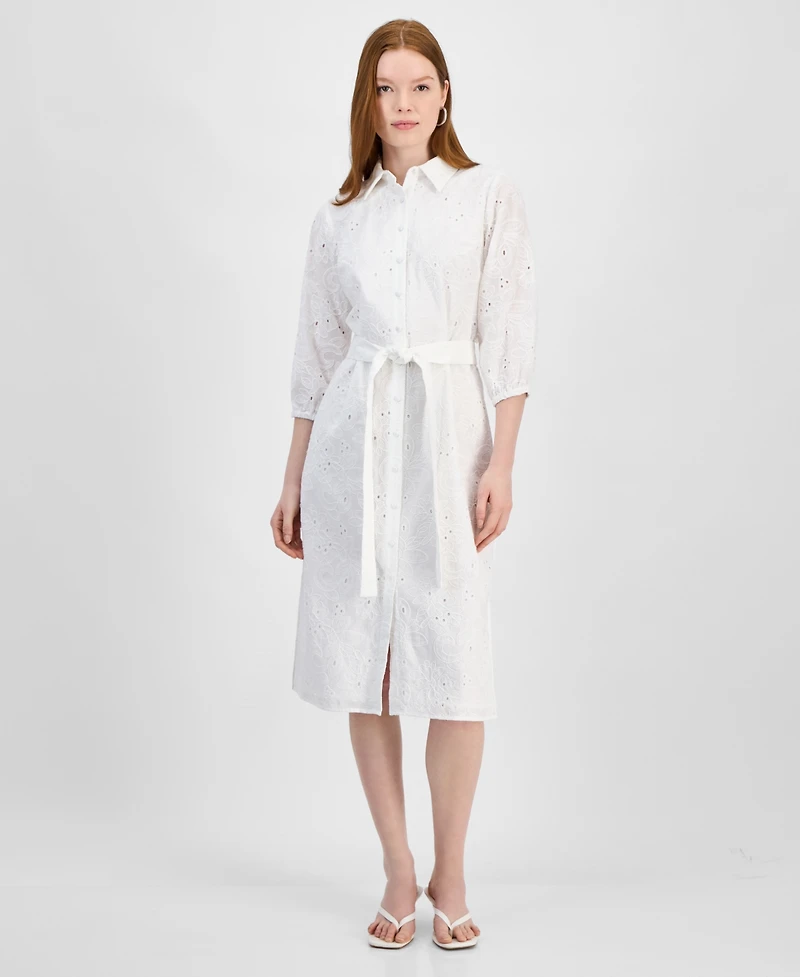 T Tahari Women's Embroidered Eyelet Belted Shirtdress