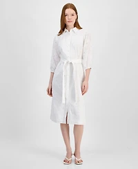 T Tahari Women's Embroidered Eyelet Belted Shirtdress