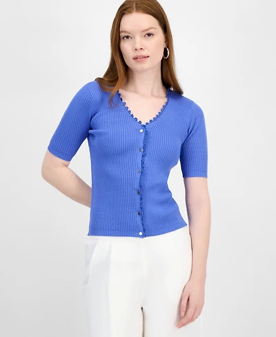 T Tahari Women's V-Neck Button-Front Ribbed-Knit Top